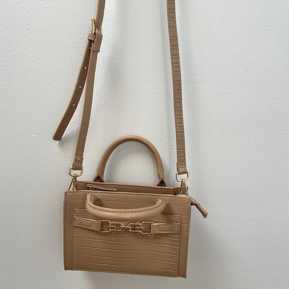 Beige Croc-Embossed Structured Satchel with Gold Hardware - Picture 5 of 6